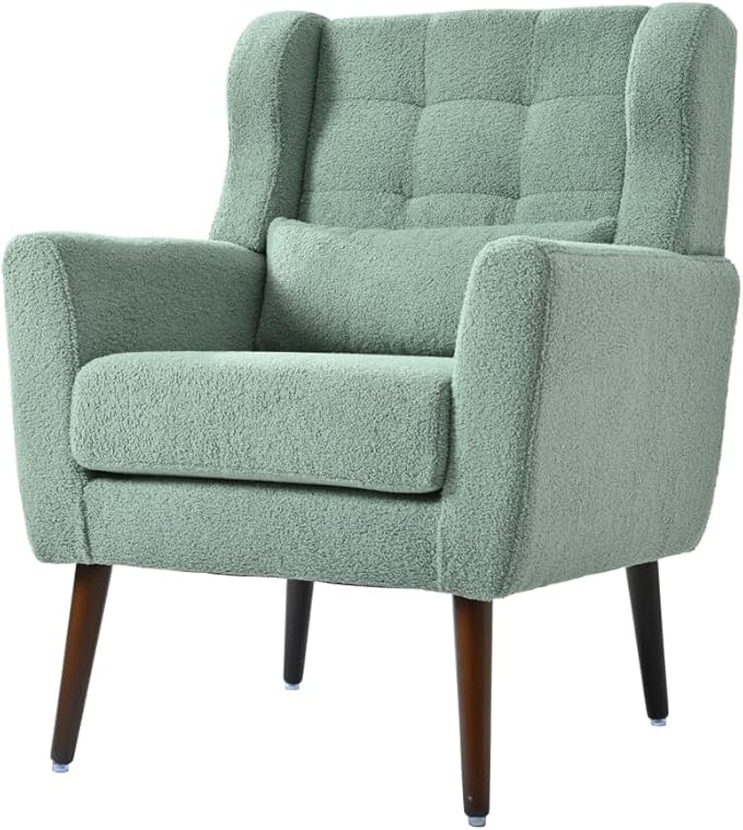 Modern Accent ChairChenille Arm Chairs for Living RoomUpholstered Mordern ArmchairComfy Soft Padded Lounge Chair in Small Space Bedroom w/Pillow Solid Wood Leg (Light Green +Teddy)
