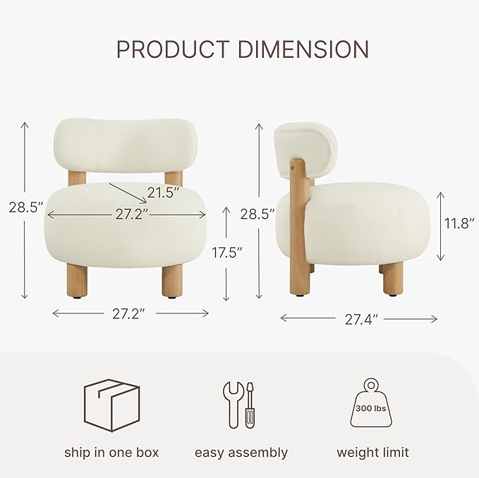 Modern Boucle Accent Chair with Plush Faux Sherpa Upholstery Curved Backrest Solid Wood Legs for Living Room Bedroom Reading Nook 27.5 White