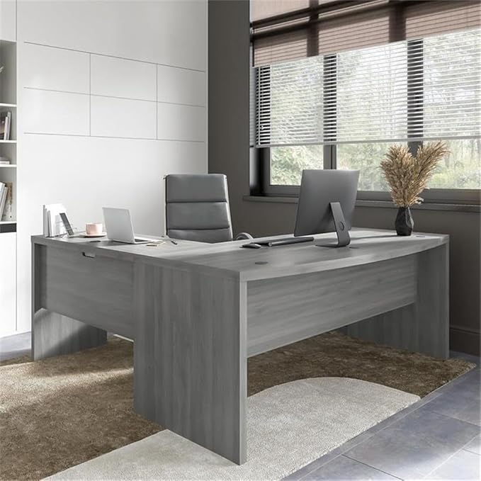 Bush Business Furniture L Shape Desk with Wire Management | Echo Collection Corner Bow Front Table for Home Office with Quick-to-Assemble Hardware | 72Wx77Lx30H