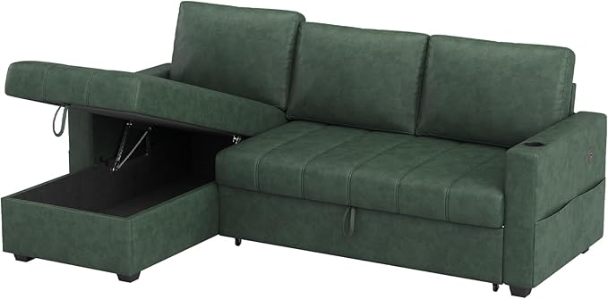 Fadware 89” L Shape Sofa Sleeper Sectional Sofa Bed with Hidden Storage&amp Side Pocket Anti-scratch Faux Leather Couch Bed with ChargePort&amp CupHolder Modern Piano Design Pull Out Couch for Li
