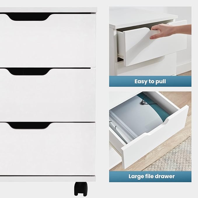 3-Drawer Vertical Small Filing Cabinet with LockRolling Wood Mobile File CabinetsUnder Desk for Home Office with Casters Locking Drawers Storage OrganizerWhite