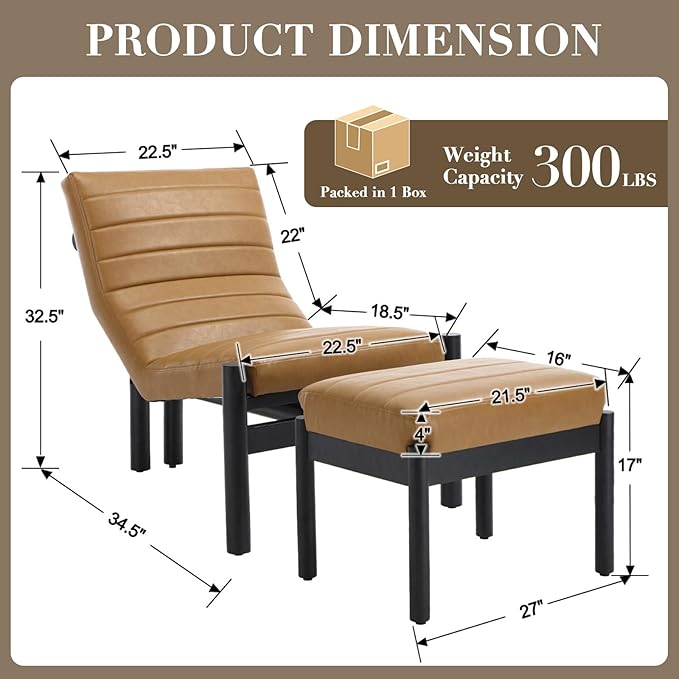 CIMOTA Upholstered PU Leather Accent Chair and Ottoman Set Modern Living Room Chair with Reclining Backrest and Footstool Small Reading Chairs for Living Room Bedroom Brown