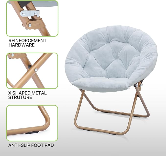 Magshion Folding Saucer Chair for Adults with Ottoman Circle Reading Chair for Bedroom Living Room &amp Dorm Furry Comfy Accent Seat with Metal Leg &amp Thick Padded for Small Spaces (Blue 1 Pac