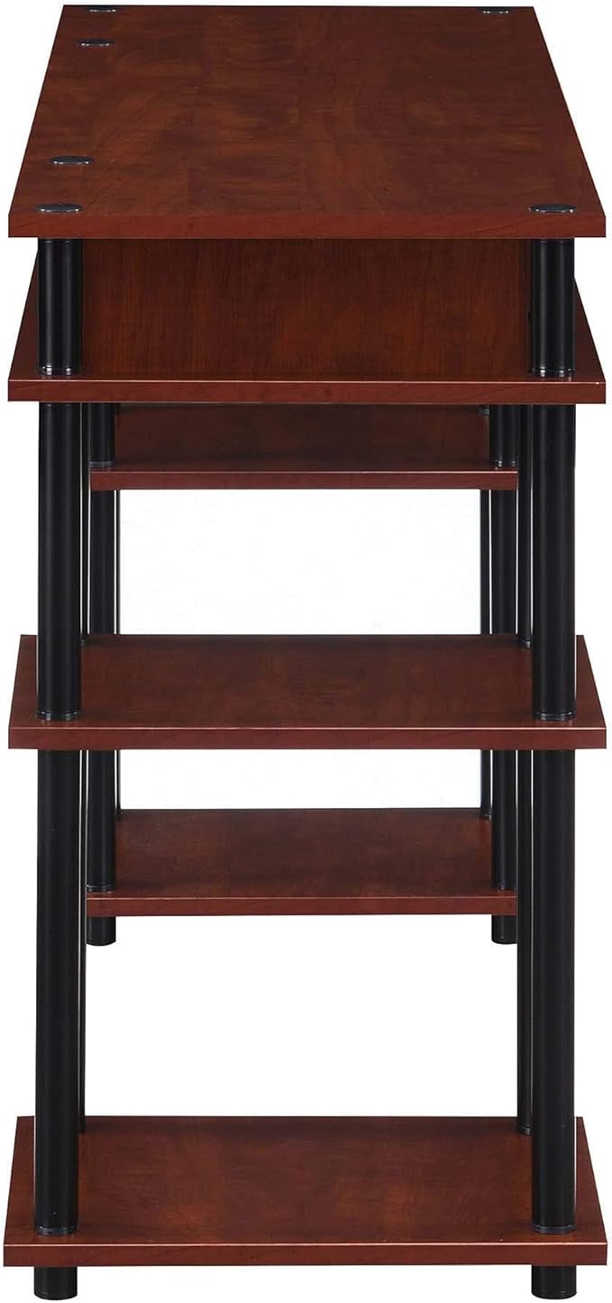 Pemberly Row No-Tools Student Desk Cherry Wood Finish 47.25 x 15.75 x 30 in Particleboard Shelves Black Powder-Coated Steel Poles Multiple Storage Shelves Easy Assembly Home Office or Dorm Desk