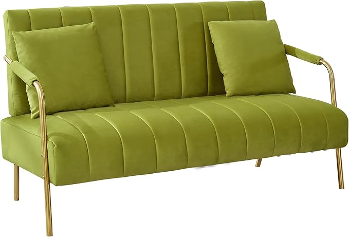 Dolonm 60 Velvet Loveseat 2 Seater Upholstered Couch with 2 Pillows Mid Century Pleated Velvet Sofa with Gold Metal Legs Perfect for Small Spaces Apartments Offices Bedrooms
