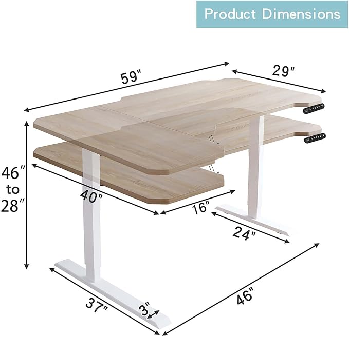 59 L-Shaped Electric Standing Desk Adjustable Height Seated Stand up Computer Desks for Work Office Home Ergonomic Lift-up Gaming Tables with Wheels &amp USB Charging Port (Oak/59/LL)