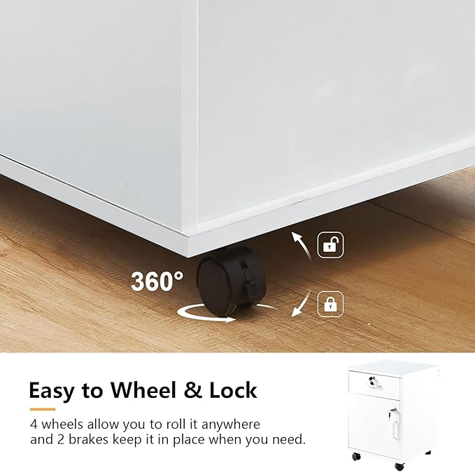 TUKAILAi Mobile File Cabinet with Lockable Drawer &amp Door Under Desk Rolling Filing Cabinet with 4 Wheels Wooden Stationery Storage Cabinet for Home Office (White)