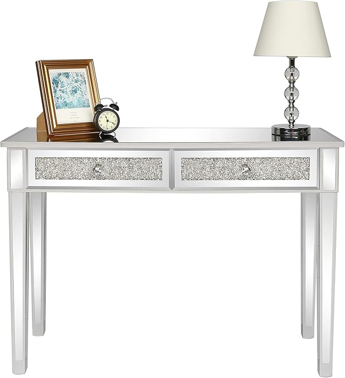 Karl home Mirrored Desk with 2 Drawers Silver Console Table Mirror Sofa Table with Crystal Inlay Front for Living Room Entryway Foyer 42 Inch