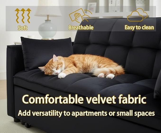54 Convertible 3 in 1 Sofa Bed | Pull Out Sleeper Couch for Living Room | Foldable Loveseat Sleeper Sofa Bed | Space Saving Design for Apartment and Bedroom (Black)