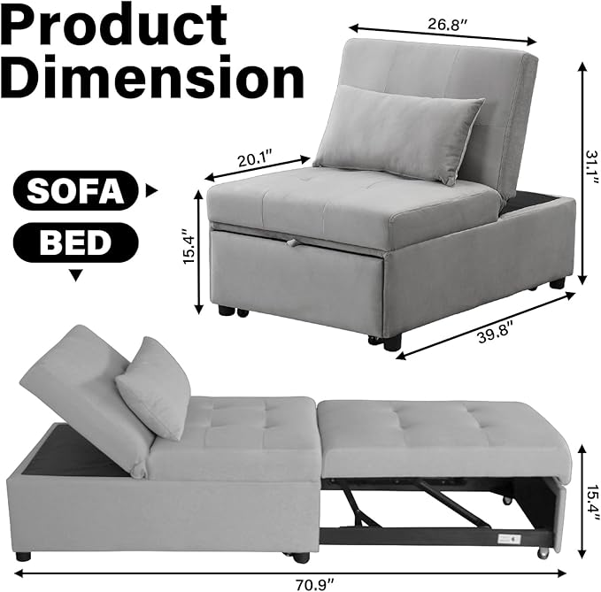 Folding Ottoman Sleeper Sofa Bed Convertible Chair Bed 4 in 1 Multi-Function Modern Linen Fabric with Adjustable Backrest for Living Room/Small Apartment