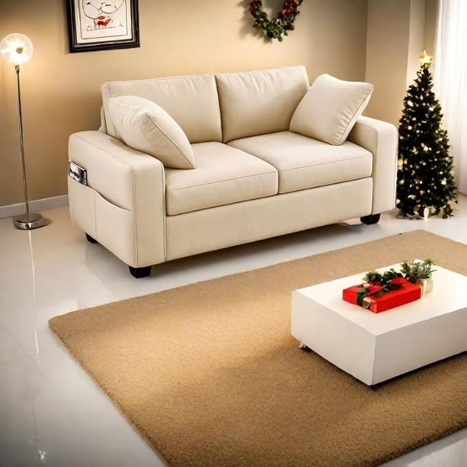 DWVO 60 Sofa Couch Comfy Upholstered Loveseat with Extra Deep Seats Chenille Fabric Sofa for Living Room Apartment Office 2 Seater Couch with Side Storage Pockets Easy Assembly Beige