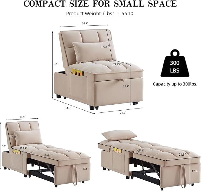 24.5 Wide Convertible Sleeper Chair with Pull Out Bed 4-in-1 Chair Bed with Adjustable Backrest &amp Storage Pockets Armless Metal Frame | Space-Saving Couch for Living Room &amp Bedroom (Gray)