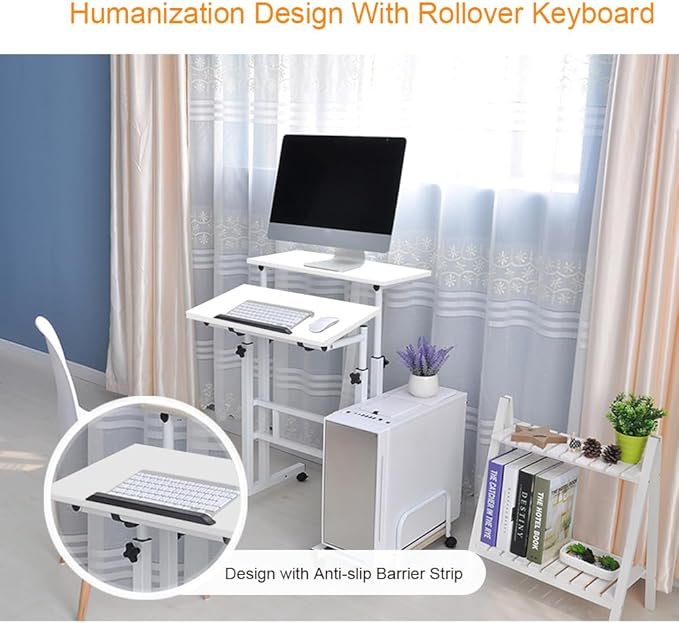 DlandHome Mobile Standing Desk Stand Up Desk Rolling Desk Stand Sit Desk Mobile Computer Desk Adjustable Standing Desk 23.6inches Table Workstation Mobile Desk Cart Tray White