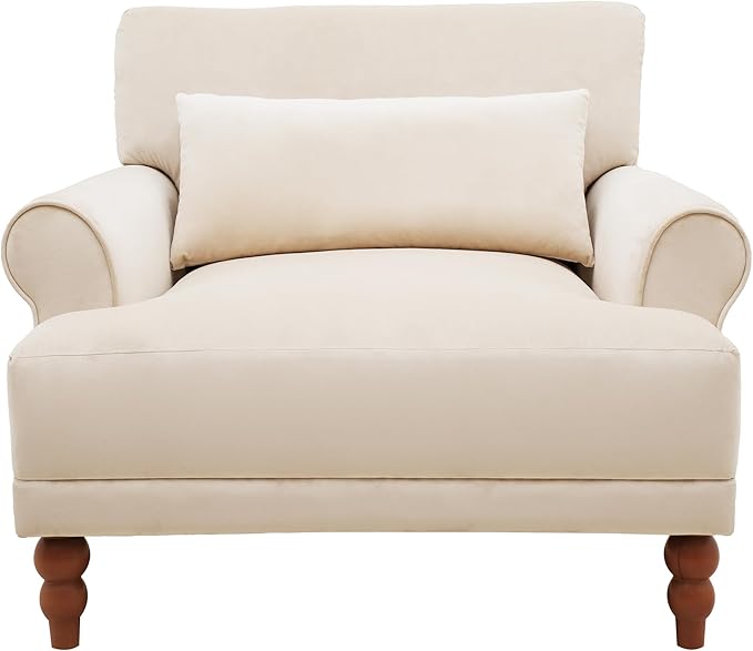 Beige Velvet Accent Arm Chair with Solid Wood Legs | Ergonomic Lumbar Support Cozy French Country Chic Large Lounge Chair for Living Room Bedroom Study