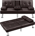 Convertible Futon Sofa Bed PU Leather Modern Couch Loveseat Sleeper Folding Daybed Guest Bed Removable Armrests 2 Cup Holders Metal Legs (Brown)
