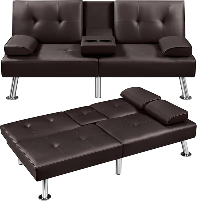 Convertible Futon Sofa Bed PU Leather Modern Couch Loveseat Sleeper Folding Daybed Guest Bed Removable Armrests 2 Cup Holders Metal Legs (Brown)