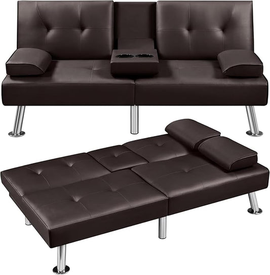 Convertible Futon Sofa Bed PU Leather Modern Couch Loveseat Sleeper Folding Daybed Guest Bed Removable Armrests 2 Cup Holders Metal Legs (Brown)