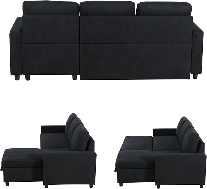 Sectional Sleeper Sofa with Pull Out Bed L Shaped Pull Out Couch with Storage Chaise 3 Seats Convertible Couch Bed for Apartment Living Room Black