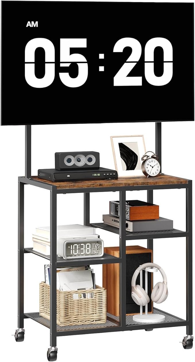 HOOBRO Small TV Stand with Wheels and Mount for 50 Inch TVs Mobile Rolling TV Stand with Storage Shelves Small Entertainment Center for Living Room Bedroom Study Rustic Brown BF37DS01