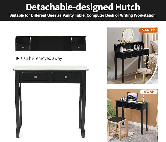 Byroce Small Writing Desk with Removable Hutch 2-Tier Vanity Table with 4 Drawers 3 Cubbies &amp Pine Wood Legs Study Computer Desk for Bedroom Home Office (Black)