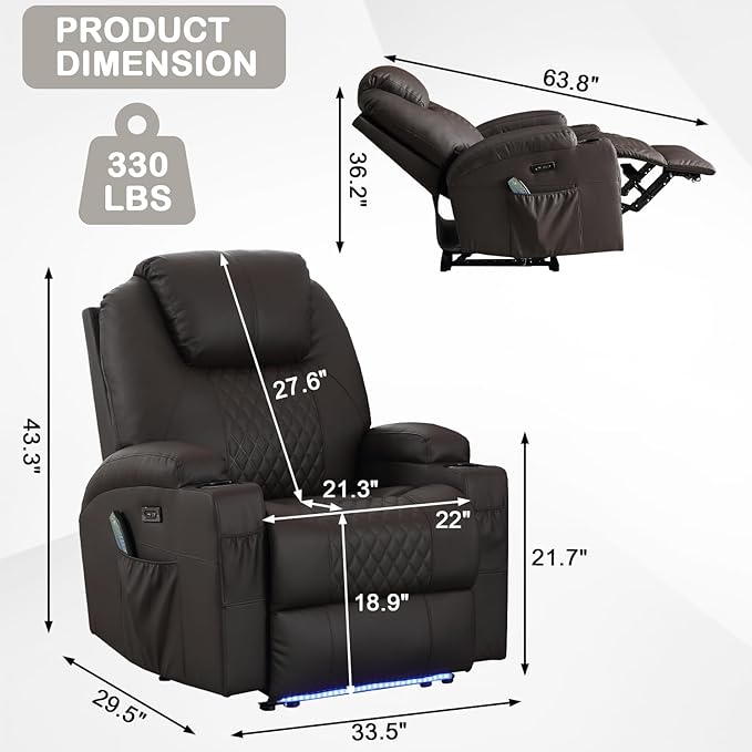 Power Recliner Chair with Heat and Massage for Adults - Home Theater Seating with LED LightsCup HoldersSide PocketUSB Port - Recliner Sofa for Living Room