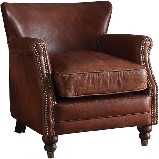 Acme Leeds Top Grain Leather Upholstery Accent Chair in Vintage Dark Brown
