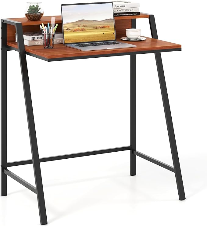 Giantex Small Computer Desk 31.5 Compact Home Office Desk with Monitor Stand &amp Sturdy Frame 2-Tier Space-Saving Study Writing Desk for Small Spaces Apartment and Bedroom (Walnut)