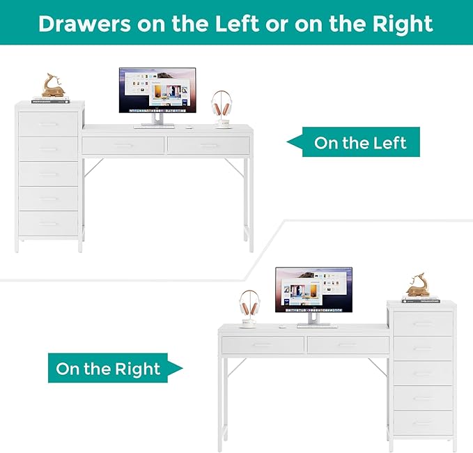 Computer Desk with Reversible Drawer 55 inch Home Office Desks with 7 Drawers Modern Compact Study Writing Table Workstation with Storage for Small Spaces All White