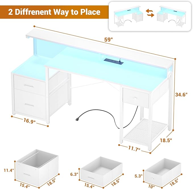 Aheaplus Computer Desk with 3 Drawers Home Office Desk with File Drawer &amp Power Outlet 59'' Gaming Desk with Led Lights Long Work Desk with Storage Shelves Printer Cabinet and Monitor Shelf W