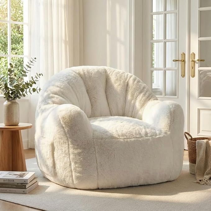 Giant Bean Bag Chair for Adults Shell-Shaped Oversized Bean Bag Couch with Armrests &amp Side Pockets Stuffed Floor Sofa for Reading Playing &amp Relaxing Beige