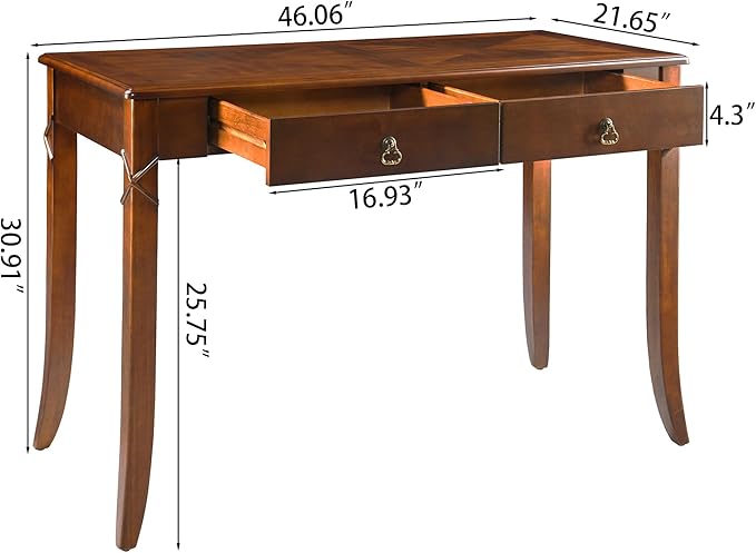 Solid Wood Writing Desk Home Office Desks with 2 Storage Drawers 46 Mid-Century Modern Walnut Tables Computer Desk for Home Office Easy Assembly Vanity Desk Study Table Station BSZDR200