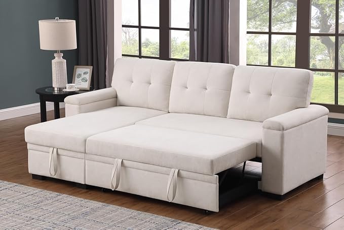 Lilola Home Convertible Sectional Sleeper Sofa Bed 85 Inch L Shaped Couch with Pull Out Bed Storage Chaise Removable Back Cushions for Living Room Office Woven Fabric Beige