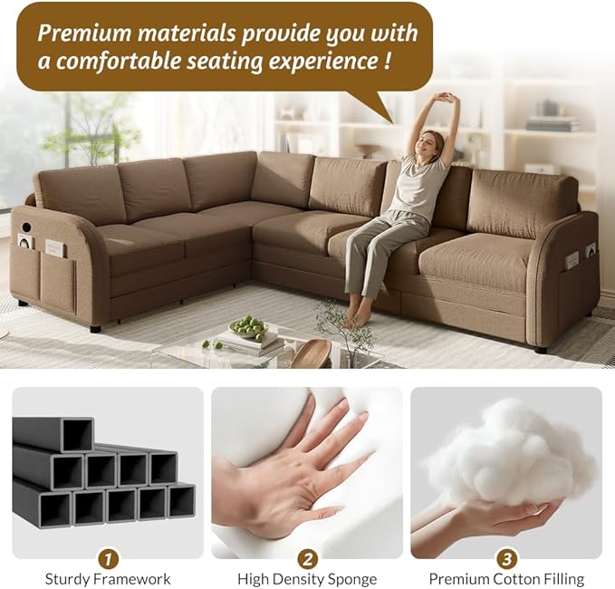 115'' L-Shaped Sectional Sleeper Sofa Bed 6-Seater Pull-Out Couch Bed with Comfy Teddy Fabric USB Ports Modular 3-in-1 Convertible Sleeper Couch for Living Room Apartment Brown | Teddy Upholstere