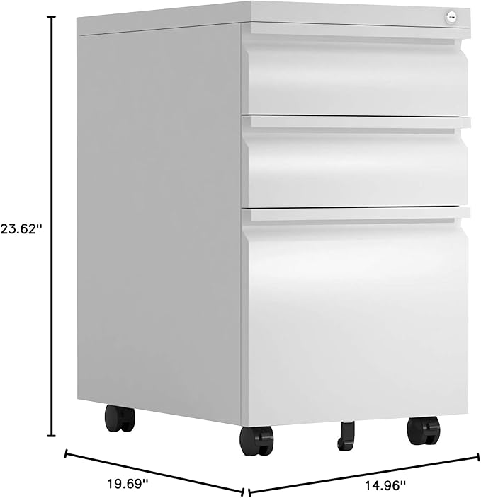 Steel 3 Drawer File Cabinet with Lock Rolling Locking Filing Cabinet with Wheels Mobile Metal Steel Office Cabinets Under Desk with Key