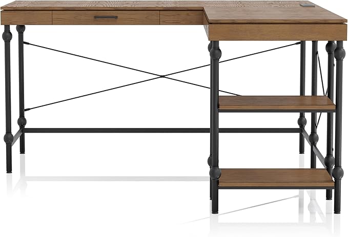 24/7 Shop at Home Monier Farmhouse Metal 2 Shelves Corner Computer Desk with USB Port Power Outlet 1 Drawer for Workstation Home Office Study Room Oak Brown