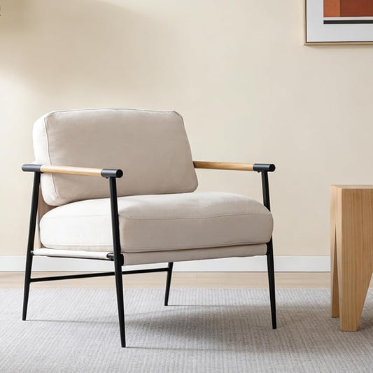 CIMOTA Modern Accent Chair Comfy Armchair Chenille Fabric Living Room Chair with Metal Frame Upholstered Leisure Chairs with Thick Cushion for Living Room Bedroom Balcony 1PC Beige