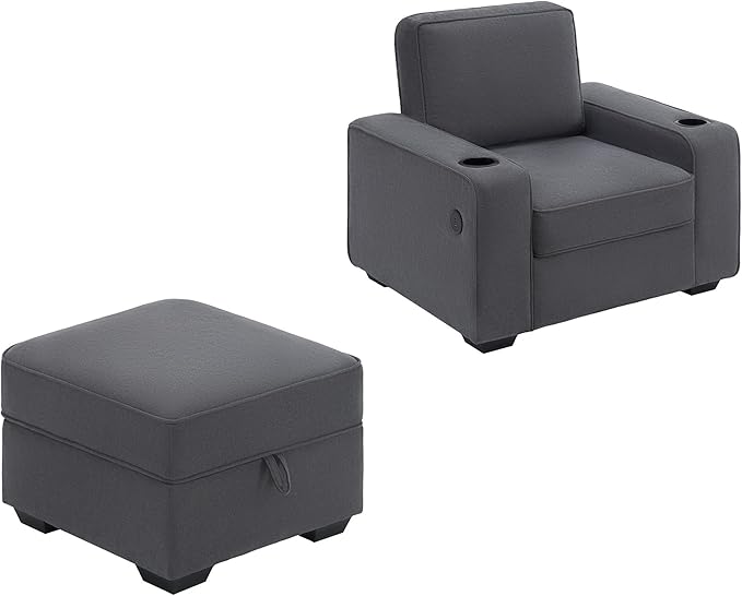 VanAcc Couch Sofa Chair with Storage Ottoman Modern Couch with Cup Holders &amp USB Charging Ports Deep Seat Sofa for Living Room(Charcoal Grey Chenille)