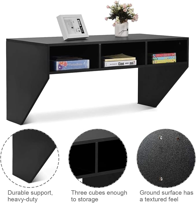 Giantex Wall Mounted Desk Floating Computer Desk Writing Study Table W/3 Storage Shelves Laptop PC Table for Living Room Bedroom Office (Black)