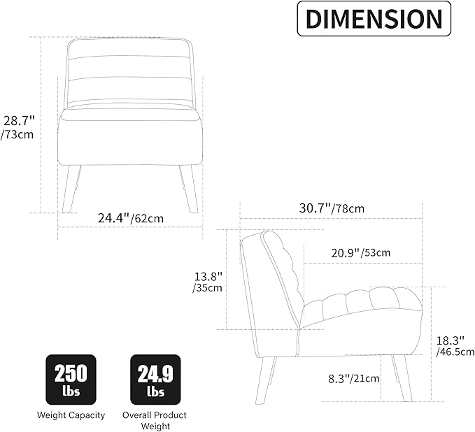 GDFStudio 24.4 Wide Modern Accent Chair Armless Upholstered Lounge Chair with Chenille Fabric &amp Rubber Wood Legs Compact Space-Saving Design for Living Room Bedroom Office - Black