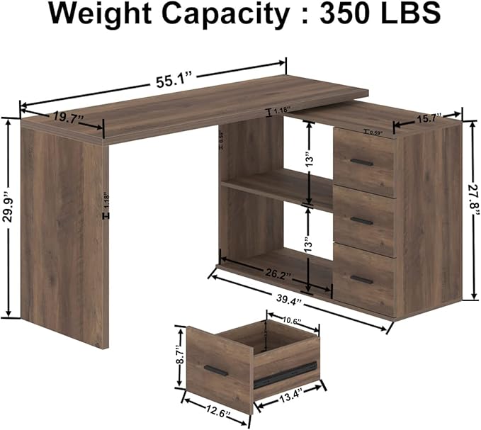 HSH L Shaped Desk with Storage Drawers Shelves Large Corner Computer Table in Home Office Industrial Wood Desk for Executive Writing Work Study Rustic Oak 55 Inch