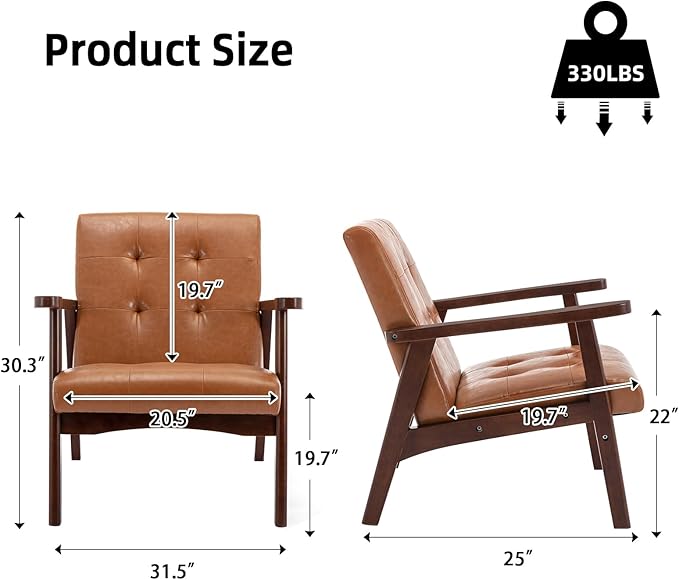 Accent Chair Mid Century Modern Chair for Living Room Comfy Faux Leather Armchair with Solid Wood Frame Soft Thick Padded Side Chairs Easy Assembly Set of 2 Brown