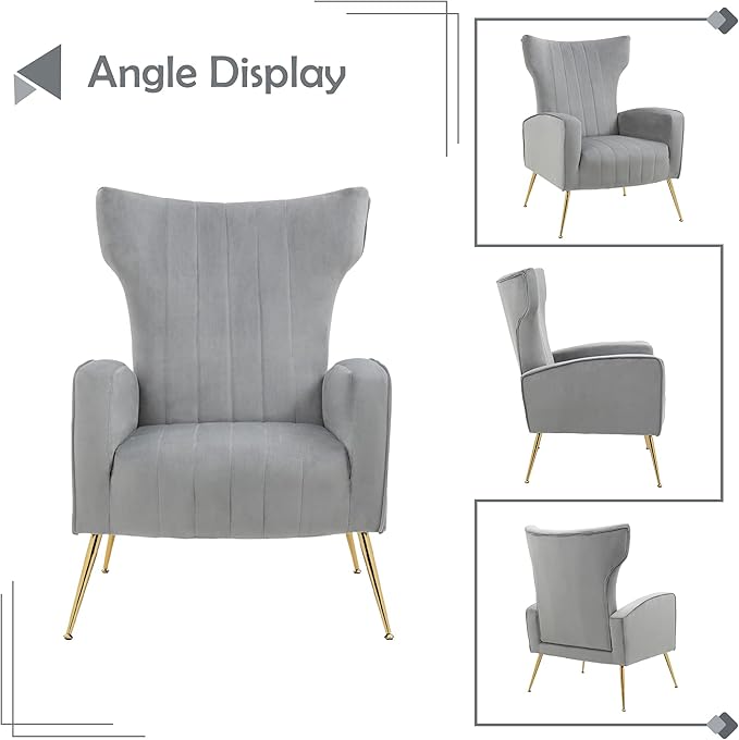 Accent Chair Upholstered Armchair with High Wingback &amp Metal Legs Mid-Century Modern Comfy Single Sofa Reading Chairs for Living Room Bedroom (Grey Set of 1)