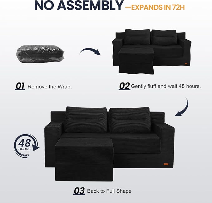 COMAX Futon Sofa Bed Boneless Loveseat Couch in A Box 67 L-Shaped Convertible Sofa Bed Corduroy for Living Room Fold Out Small Foldable Loveseat Foam with Movable Ottoman Floor Sleeper Black