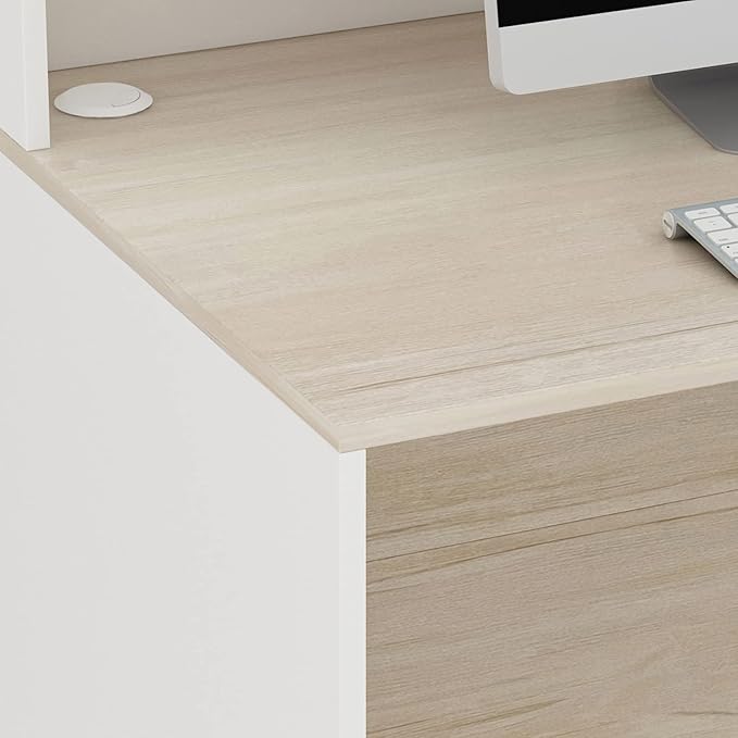 Homsee Modern Reception Desk Counter with Hutch Lockable Drawer &amp 1 Door Cabinet Office Wooden Computer Desk Reception Table White and Brown (55.1”L x 23.6”W x 43.3”H)
