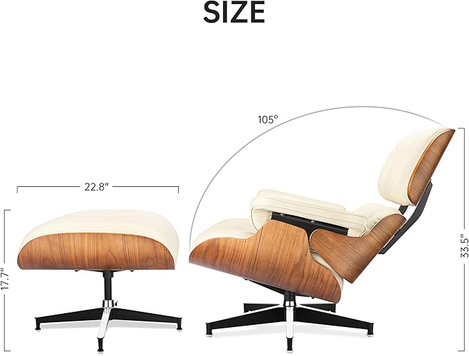 Top Cream White Grain Leather Mid Century Chaise Lounge Chair and Ottoman Modern Chair Classic Design Walnut Wood Heavy Duty Base Support for Living Room Office