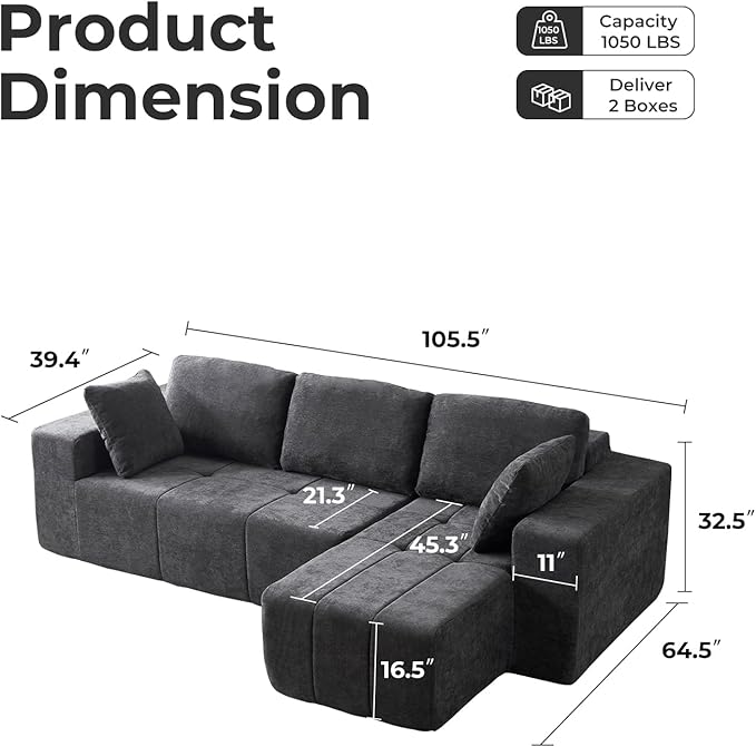 105 Cloud Modular Sectional CouchChenille Boneless Couches with Deep SeatUpholstered L-Shape Sofa with Chaise Sectional Couch for Living Room No Assembly Required (Grey Right Facing Chaise)