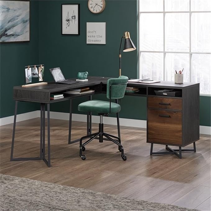 Pemberly Row Contemporary L-Shaped Computer Desk Engineered Wood and Metal Brew Oak Finish 57.48 in W 2 Drawers Cubbyhole Storage Cord Management Home Office Workstation