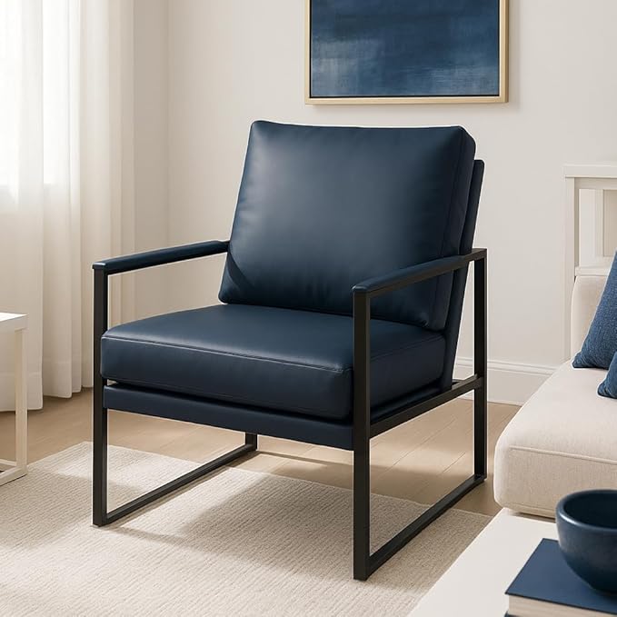 CONSDAN StoneCreek Accent Chair Modern Armchair with Metal Frame Leather Single Sofa Chair with Thick Padded Backrest Upholstered Lounge Chair for Living Room Bedroom Ocean Mist Blue