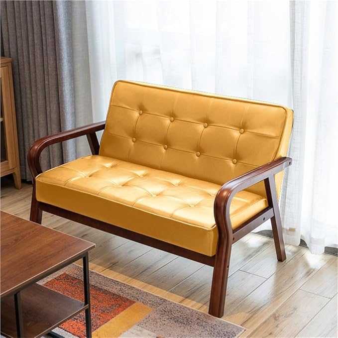 Mid-Century Modern Loveseat Comfy Faux Leather Upholstered Couch Solid Wood Frame Vintage Accent Armchair with High Back for Home Office Waiting Room 45.3''L x 24.4''D x 29.5''H(Yellow)