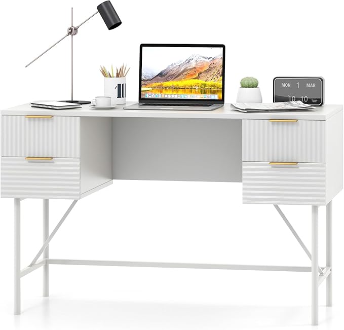 Giantex Modern Desk with 4 Drawers 48 Inch Computer Desk with Storage Heavy-Duty Gold Metal Frame Makeup Vanity Dressing Table White and Gold Desk for Bedroom Study Home Office